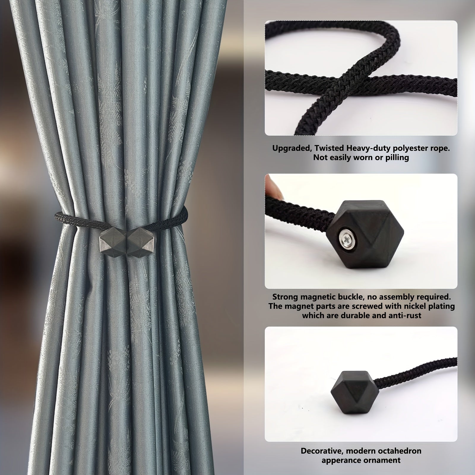 Magnetic Curtain Tiebacks with Thick Twist Rope and Strong Hold for Living Room and Home Decor