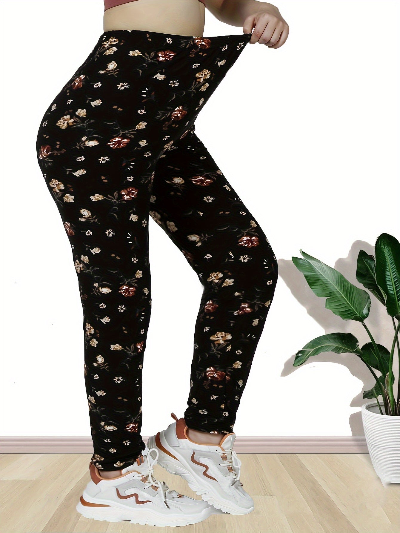 Women's Plus Size Floral Print Leggings High Waist Four-Way Stretch