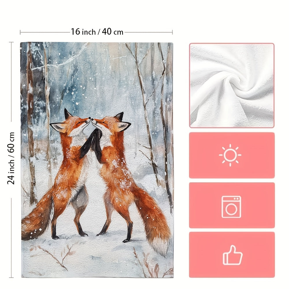 Набор из 2 ультрамягких кухонных полотенец с очаровательной лисой, танцующей в снегу в акварельном стиле, исключительно впитывающие и легкие в уходе, 40,64x60,96 см - идеально подходят для праздничного декора и сушки посуды.