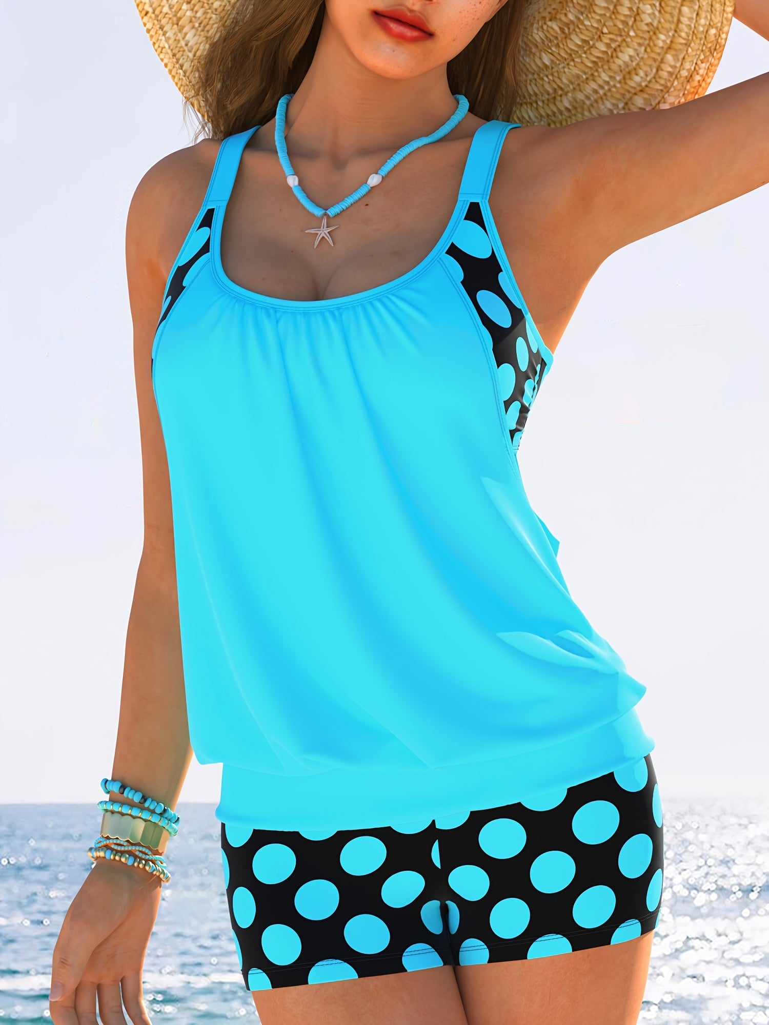 Women's Yellow and Black Polka Dot Tankini Set with Ruching and High-Waisted Shorts