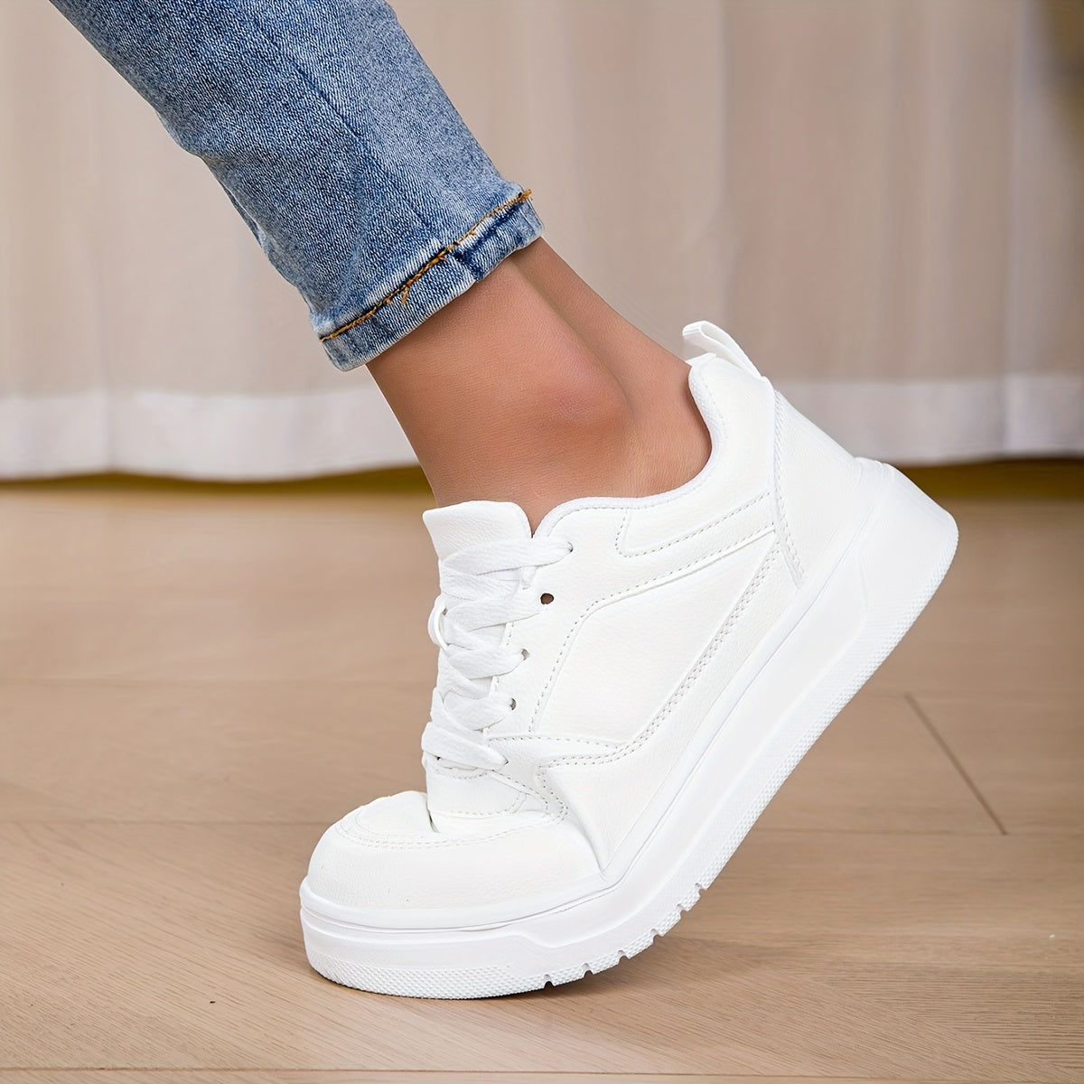 Women's White Low-Top Casual Sneakers Synthetic Fabric Cushioned Sole