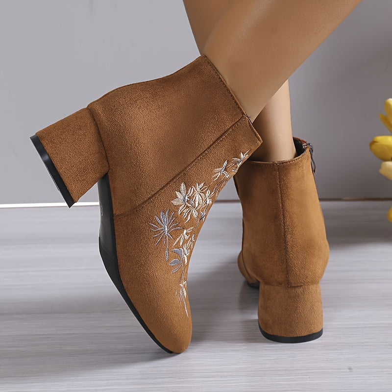 Women's Flower Pattern Chunky Heel Ankle Boots Square Toe Zipper