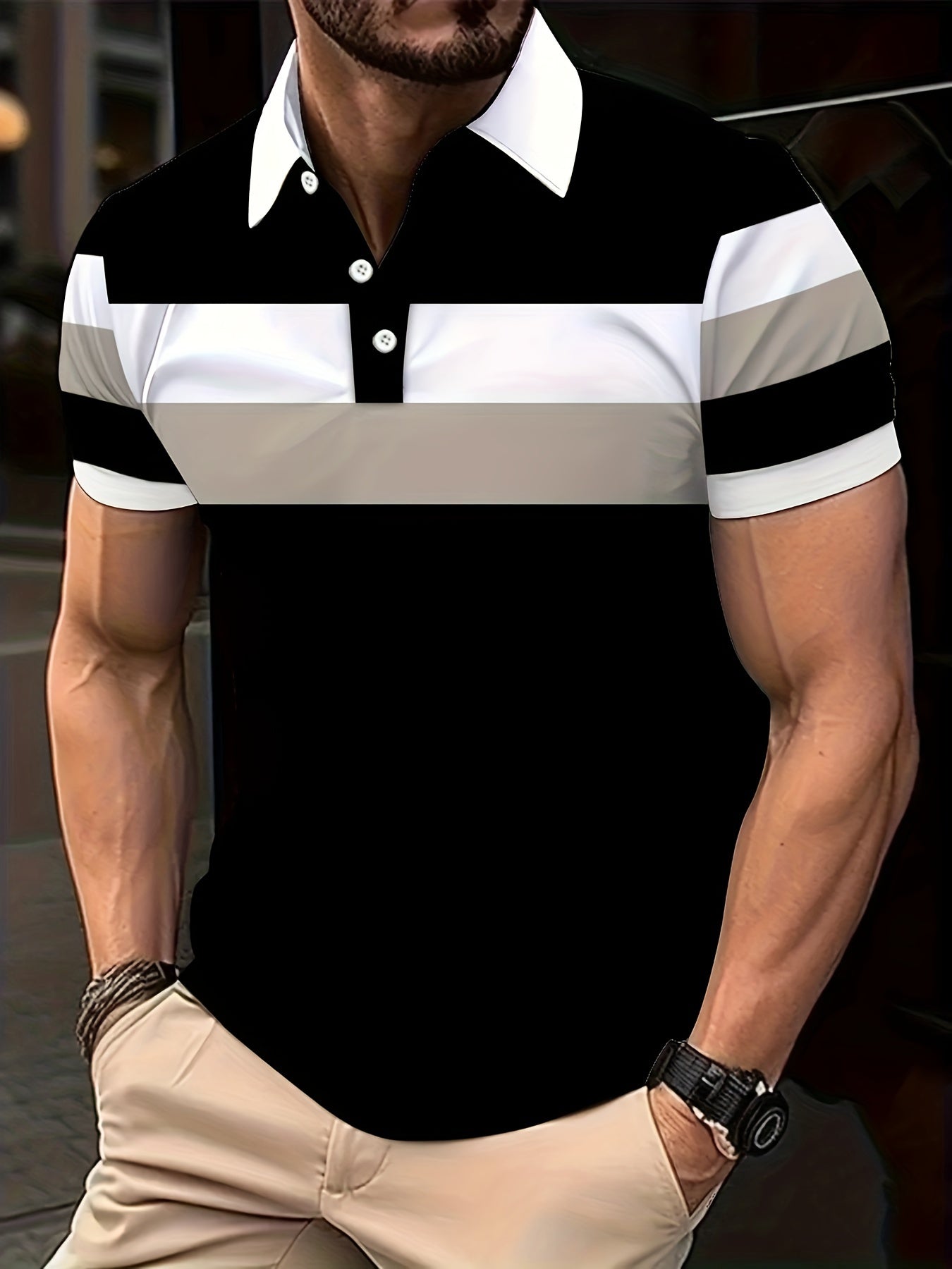 Men's Oversized Short Sleeve Polo Shirt with Patchwork Lines Casual Knit Fabric All-Season