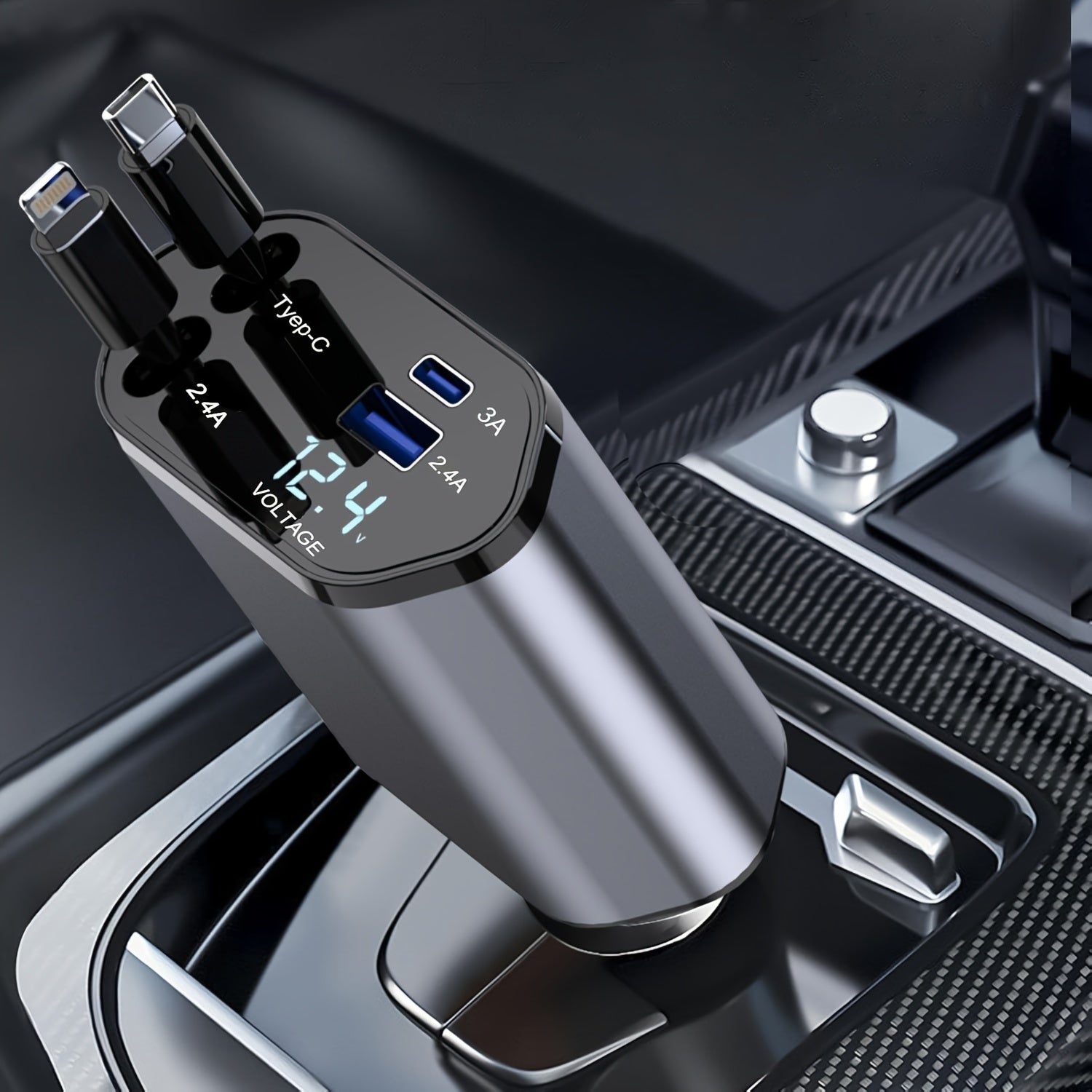 Fast Car Charger with Retractable 4-in-1 USB Type-C and Tangle-Free Cable