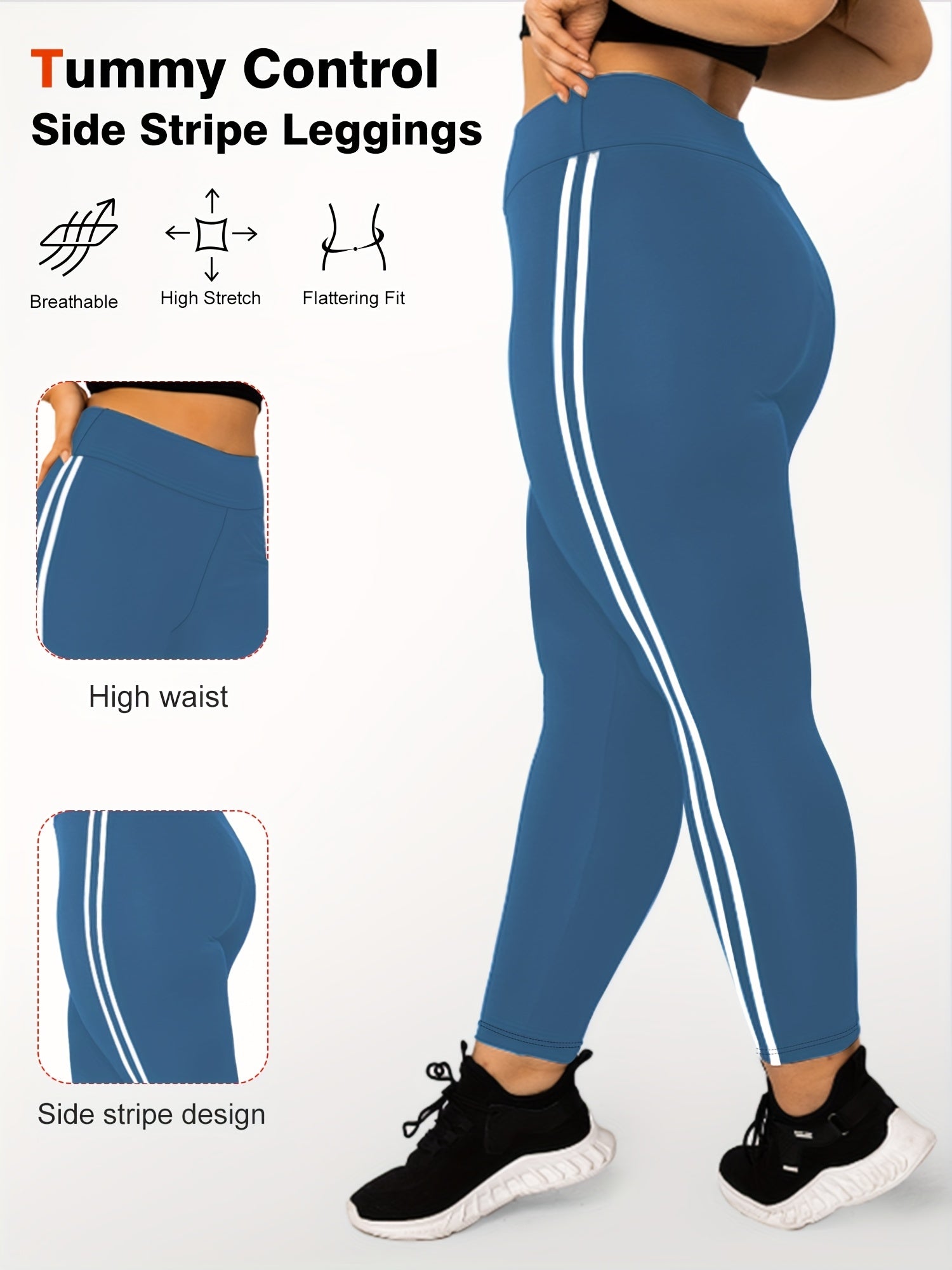 Plus Size High Waist Skinny Leggings Polyester Knit Solid Color Side Stripes All-Season Yoga Pants