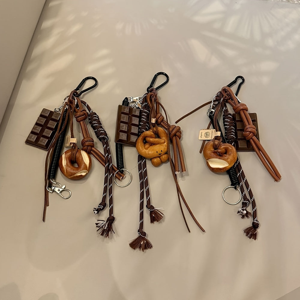 Rock-Inspired Faux Leather Keychain with Chocolate Pretzel Donut Charms and Tassel