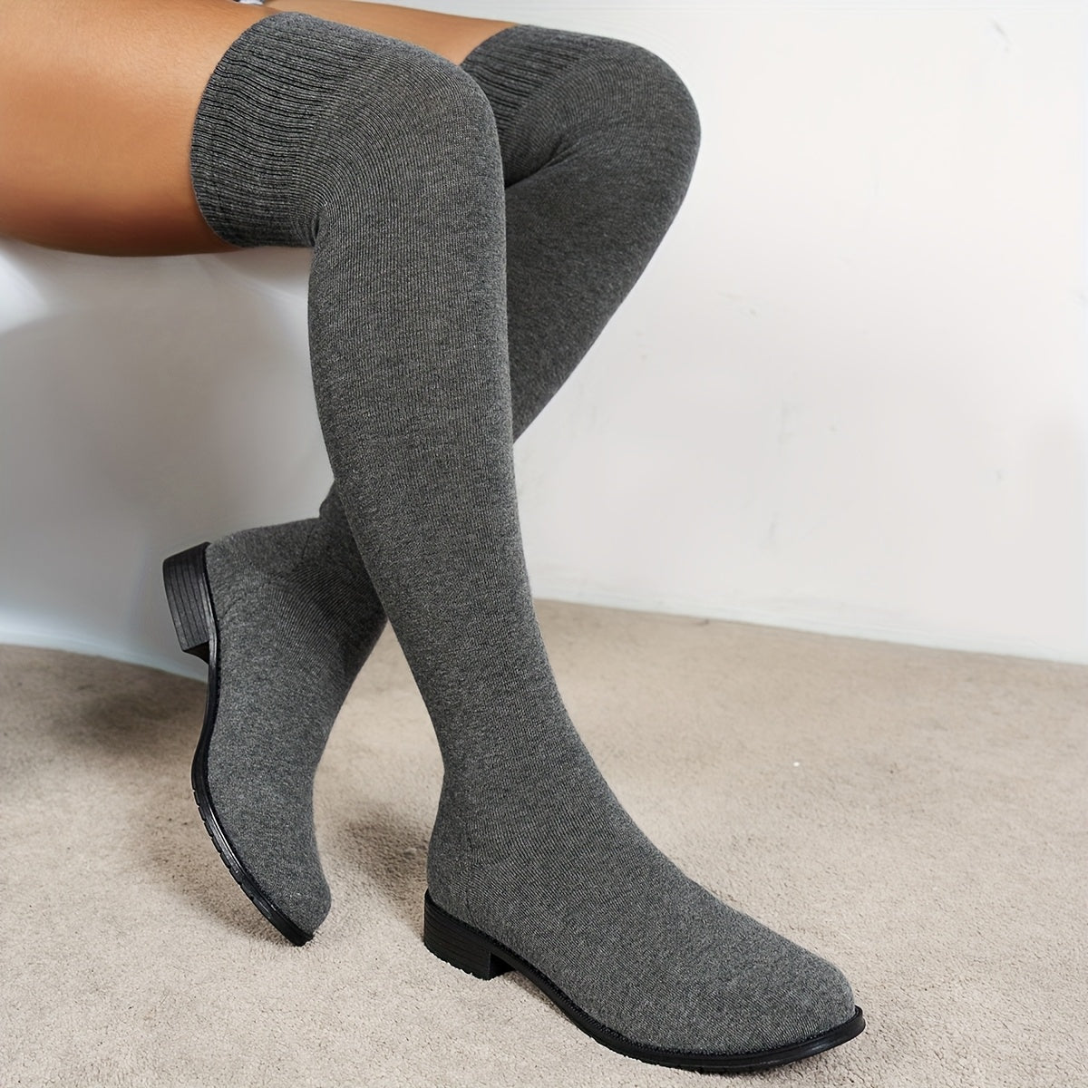 Women Elastic Knee-High Boots Long Knitted Over-The-Knee Flat