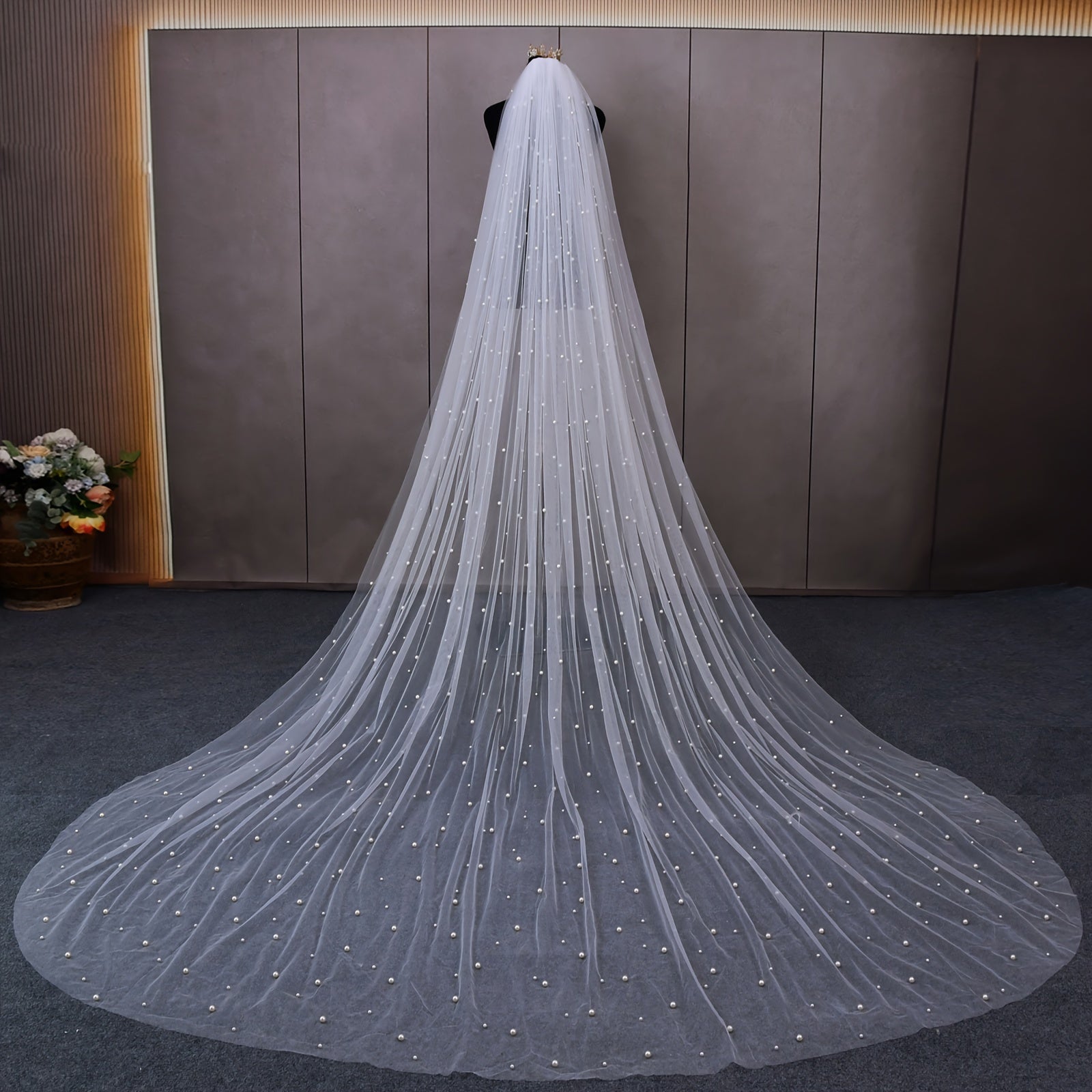 Bridal Veil with Rhinestones Long Train Polyester Tulle Hand Wash