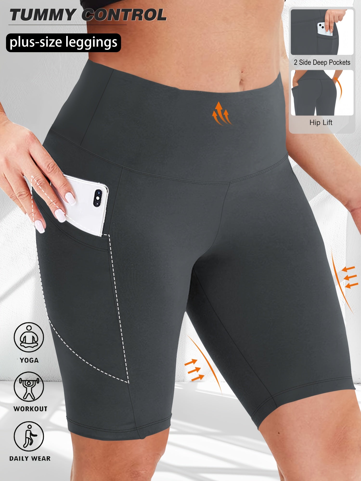 Women Plus Size Biker Shorts High Waist Crescent Moon Pockets Breathable