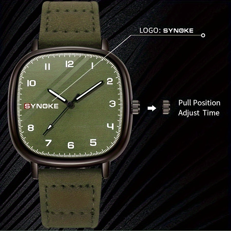 Men's Retro Army Green Quartz Watch Minimalist Sports Square Alloy Case Synthetic Leather Strap Not Waterproof