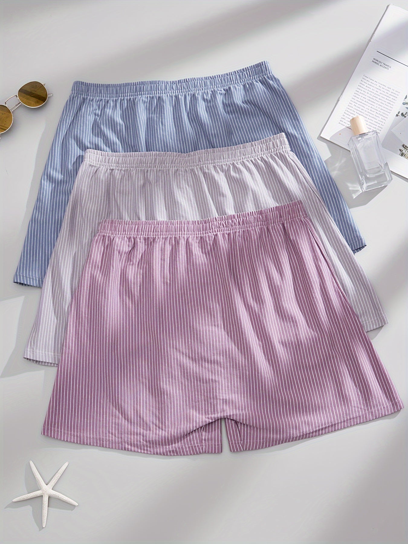 Men's Cotton Boxer Shorts 3-Pack High Stretch Knit Striped Regular Fit with Button