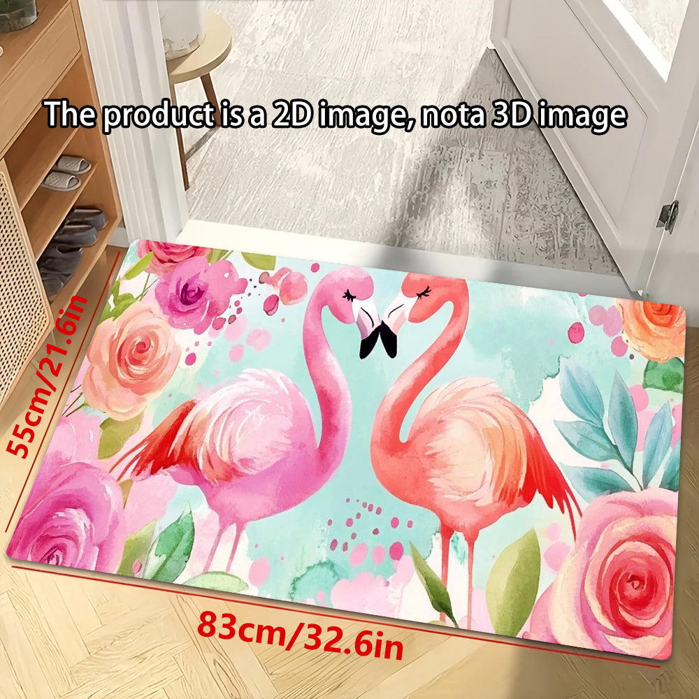 Vibrant Flamingo Floral Anti-Slip Floor Mat 100% Polyester Washable Absorbent