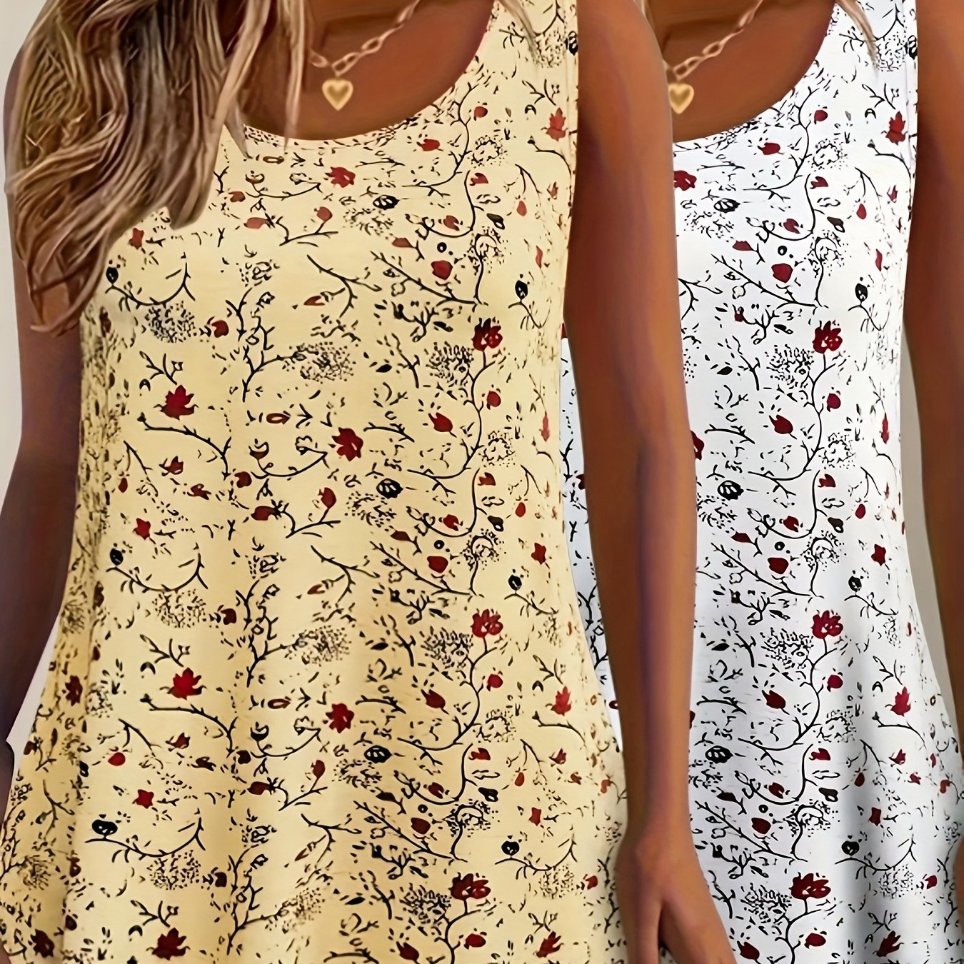 Women’s Floral Print Tank Tops 2 Pack Stretchy Polyester Summer Vests Red Blue