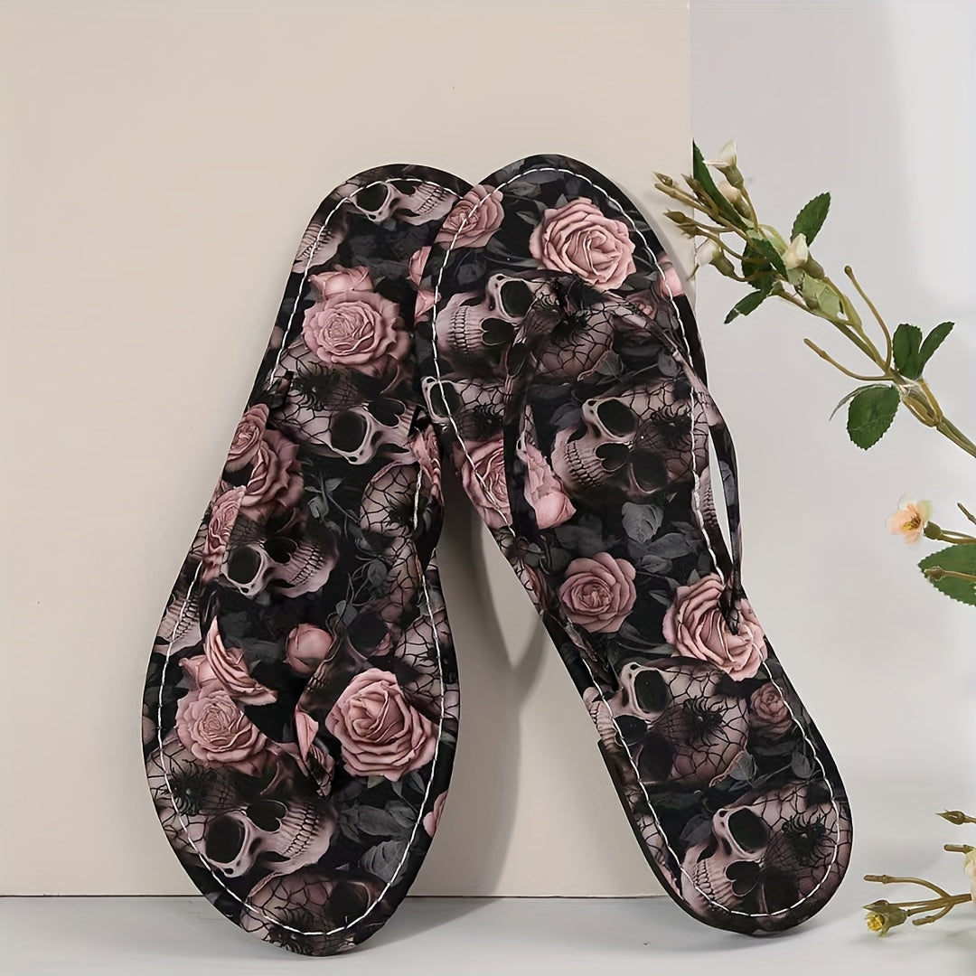 Women's Skull Pattern Lightweight Flip Flops for Beach and Casual Wear
