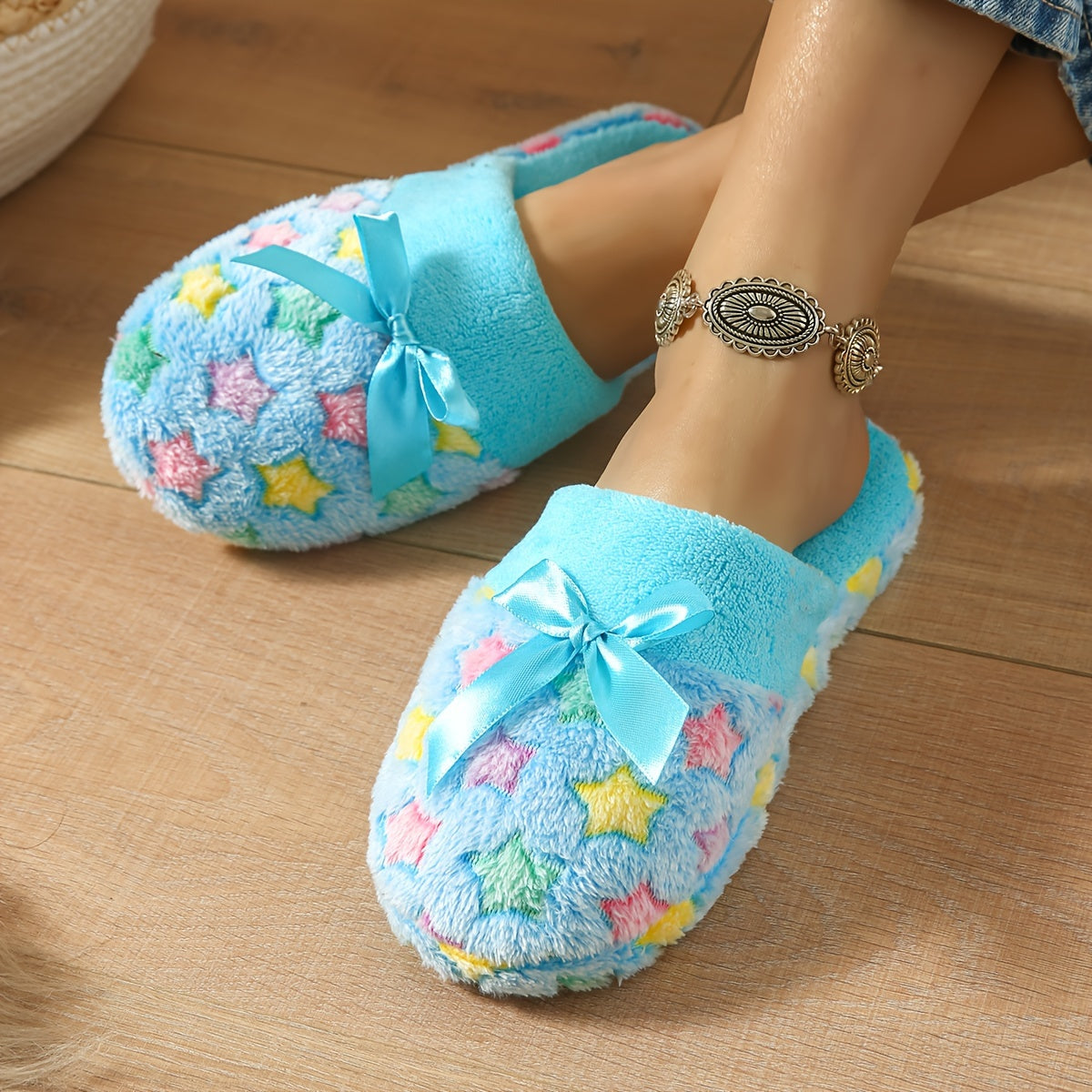 Women's Cozy Slippers with Star Pattern Bow Soft Fabric Indoor House Shoes