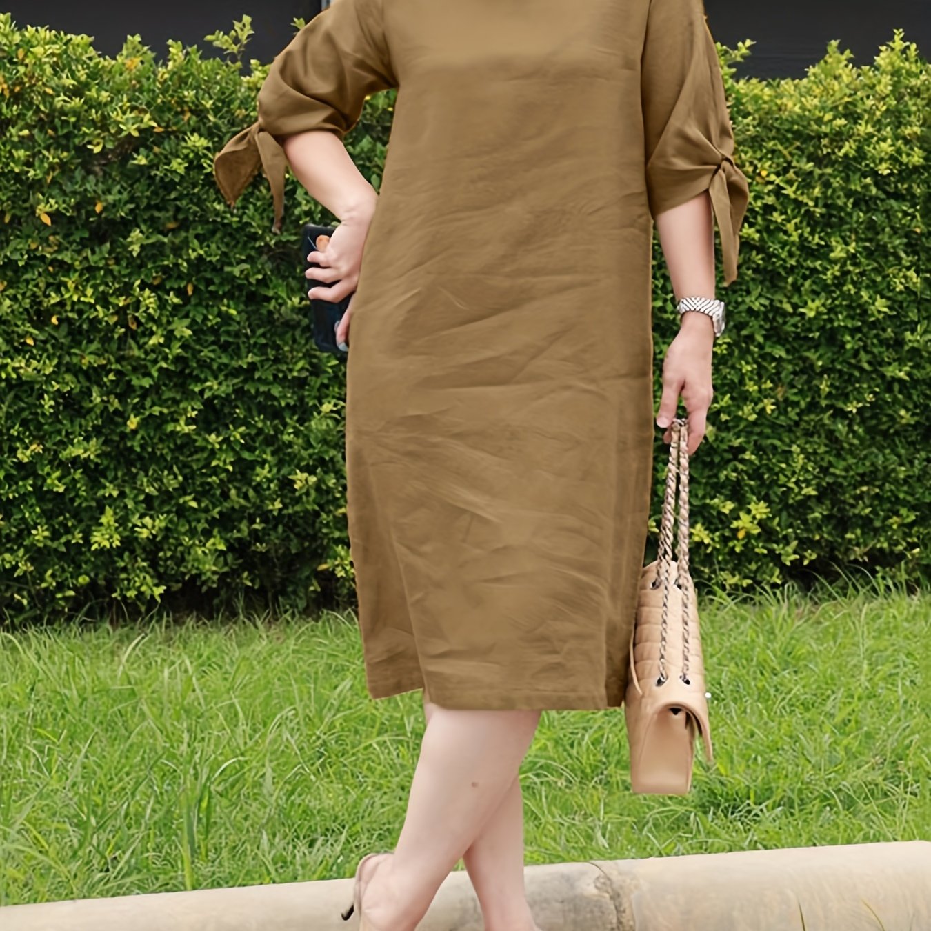 ZANZEA Ayollar uchun Yozgi Midi Ko'ylak, bir rangli, yumshoq bo'yin, qisqa yeng, A-shakl, tasodifiy keng kesim, cho'zilmaydigan to'qilgan mato, katta o'lcham