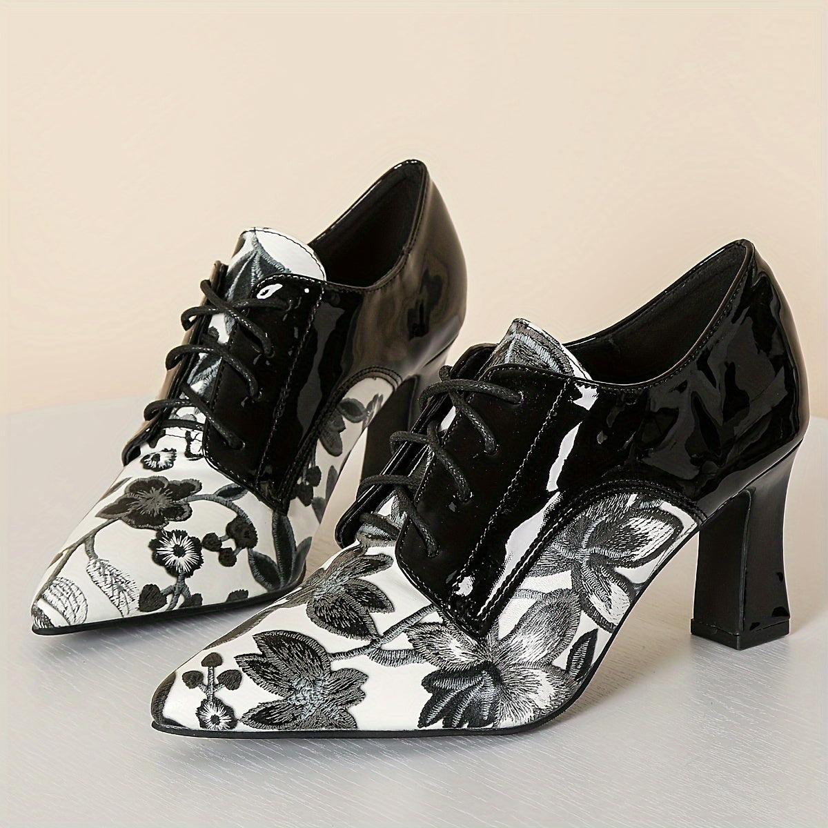 Women's Floral Brogue Mary Jane Pumps Pointed Toe Block Heel