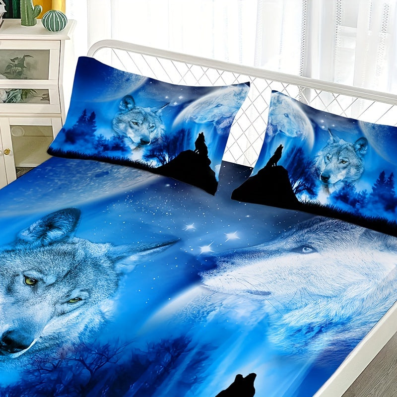 Fitted Sheet Set with Dark Wolf Forest Animal Pattern 3 Pieces Soft Cozy Bedding