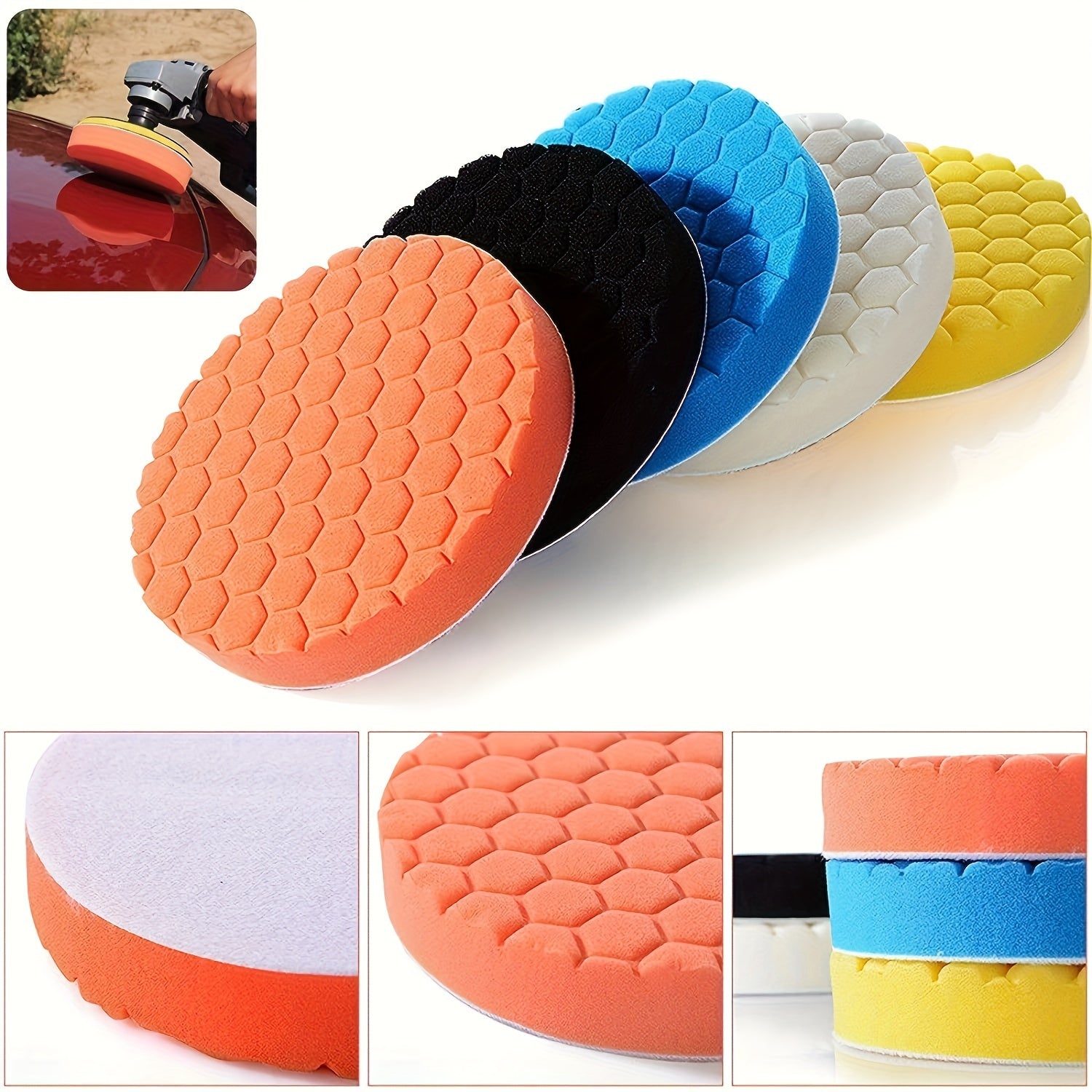 5pcs Car Boat Polishing Sponges Hexagonal Ripple Pattern Washable Buffing Sealing