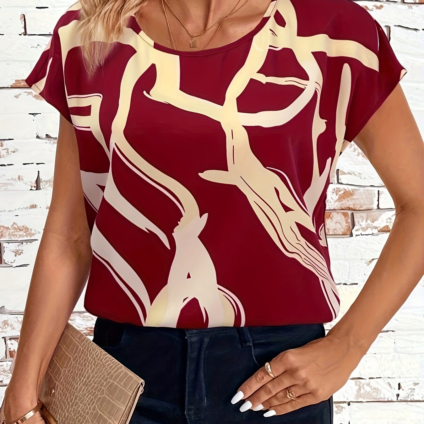 Plus Size Women's Summer Blouse Lightweight Polyester Geometric Stripe Print Blue White