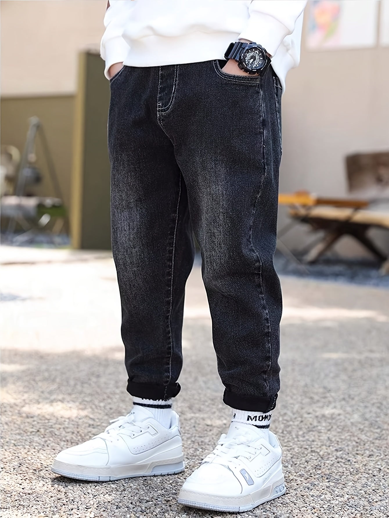 Bolalar uchun denim shimlar, bolalar uchun qora va kulrang, uzun bo'yli, kundalik, erkin o'lcham, cho'ntaklar bilan