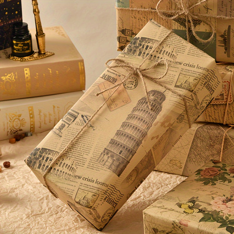 Kraft Paper Packaging with Vintage Newspaper Design and Eiffel Tower Bicycle Prints