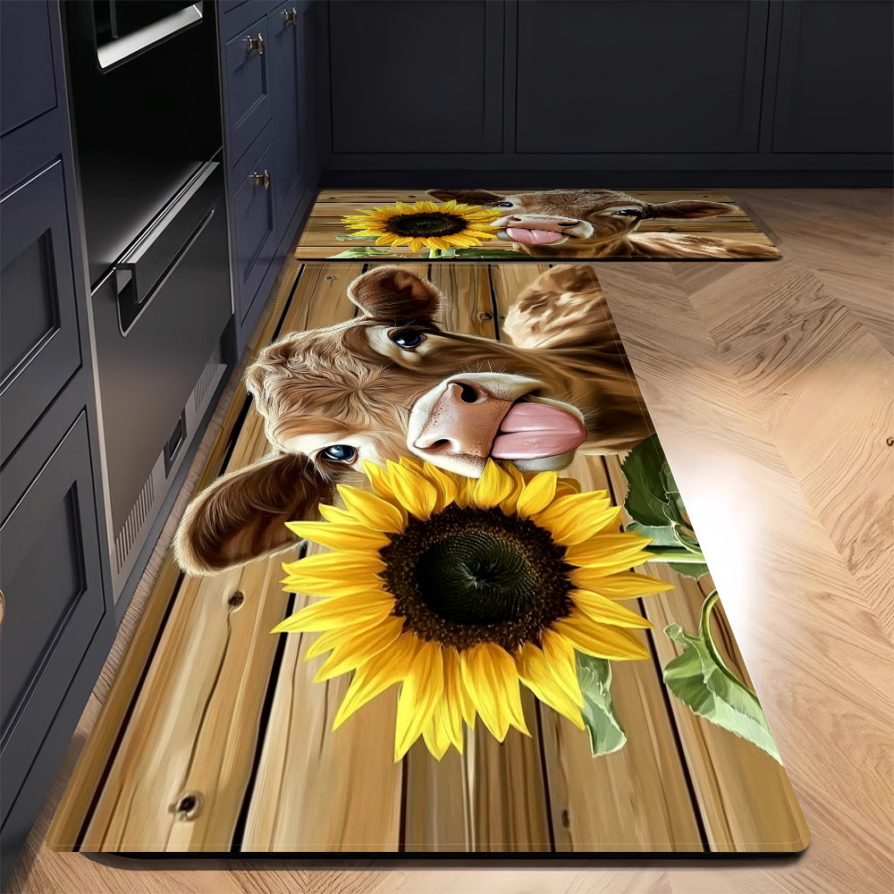 Alfombra de cocina con vaca y girasol de diseño caprichoso, 1 pieza, poliéster, fácil de limpiar, decoración interior y exterior