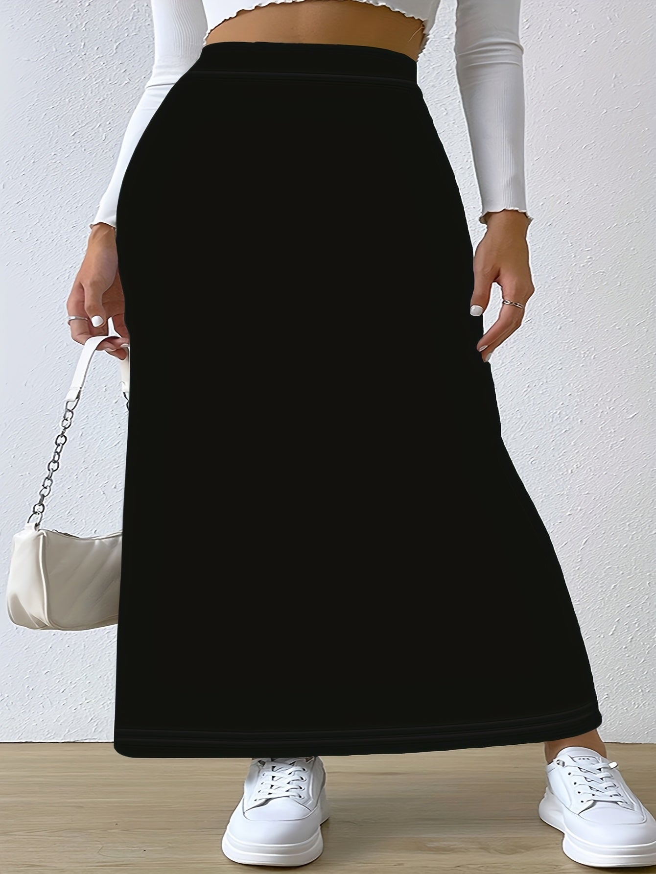 Plus Size Women’s High-Waisted Stretch Skirt Solid Color Fall Summer Dress