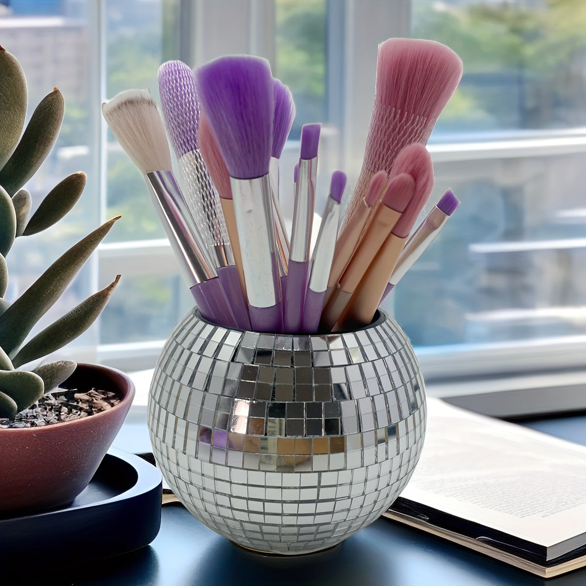 Mini Disco Ball Planter and Desk Organizer for Pens and Makeup Plastic Polished