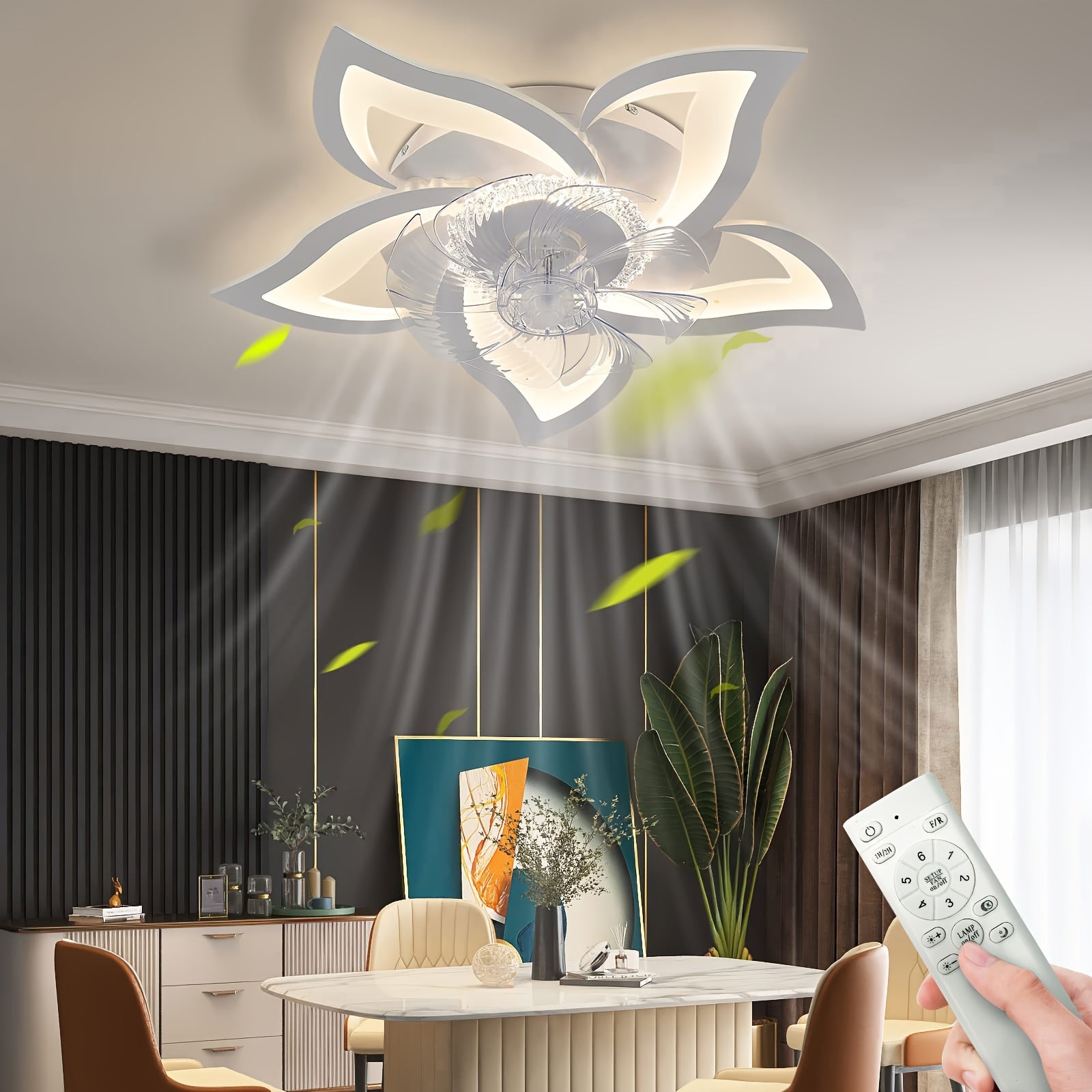 Modern Ceiling Fan with Smart LED Light, 6 Speeds, Dimmable, Remote Control, Flower Design