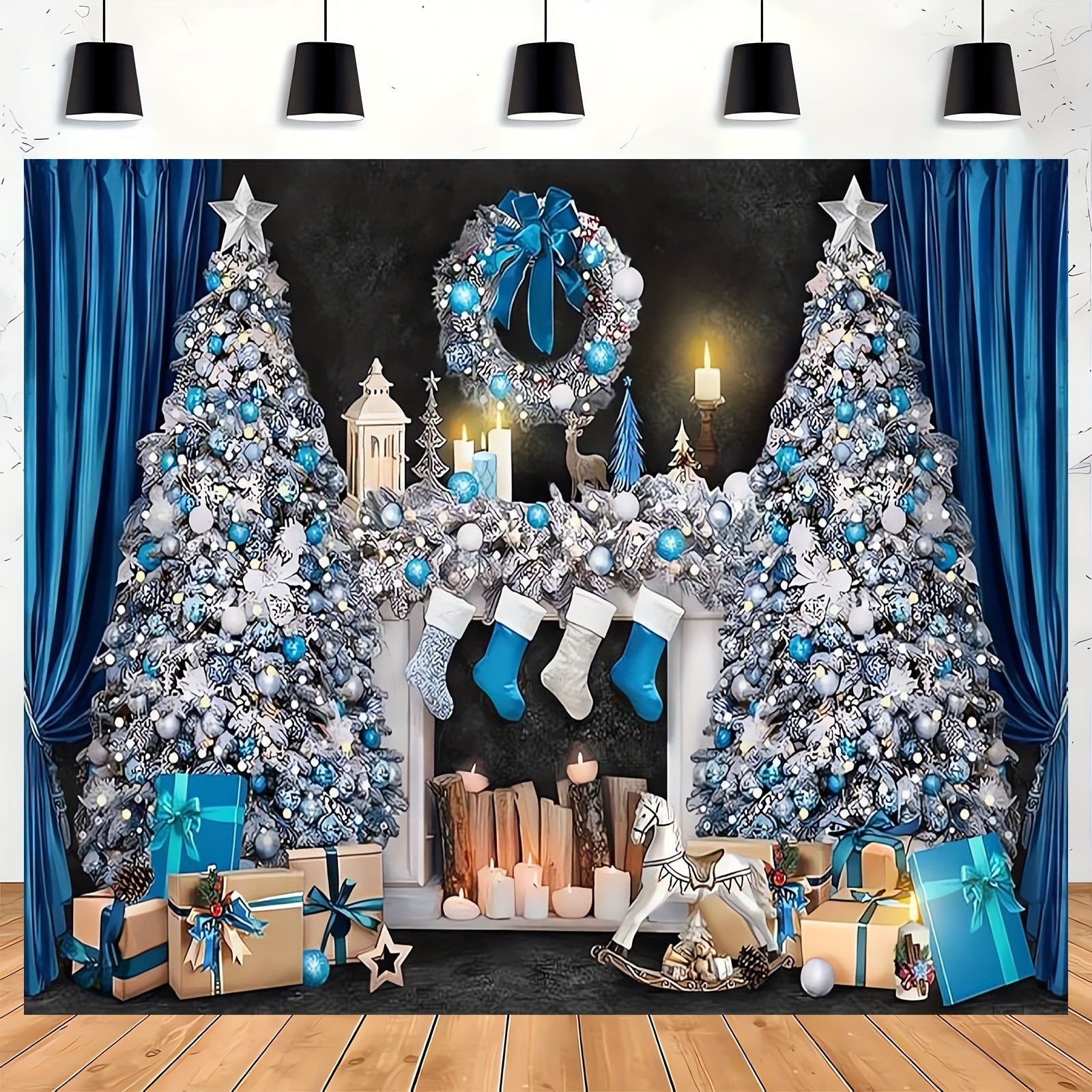Blue and White Christmas Mantelpiece Scene with Presents and Tree for Holiday Decor