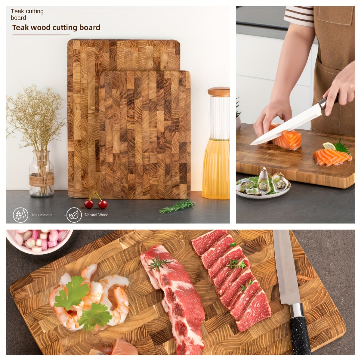 Durable Teak Wood End Grain Chopping Block Food Prep Butcher's Board Kitchen Essential