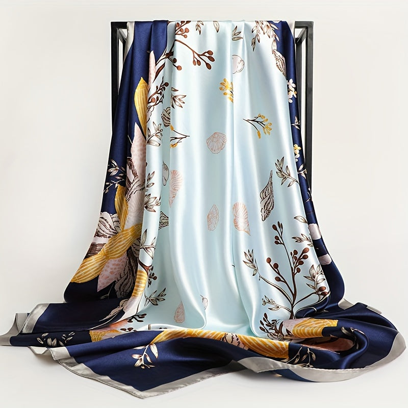 Women's Satin Flower Print Square Scarf 89.99cm Sun Protection Windproof Shawl