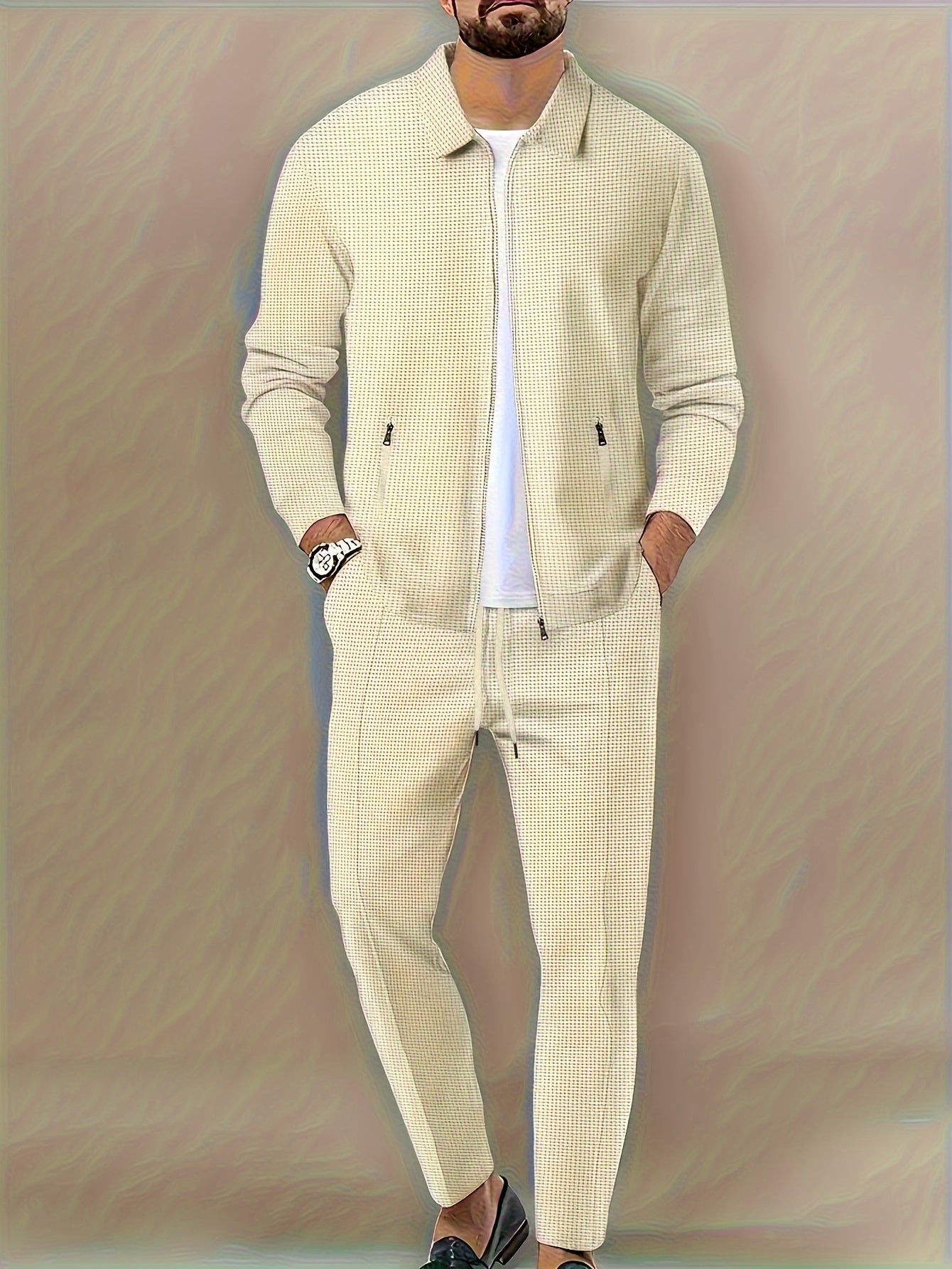 Men's Waffle Knit Sweatsuit Set with Zipper Jacket and Regular Fit Pants