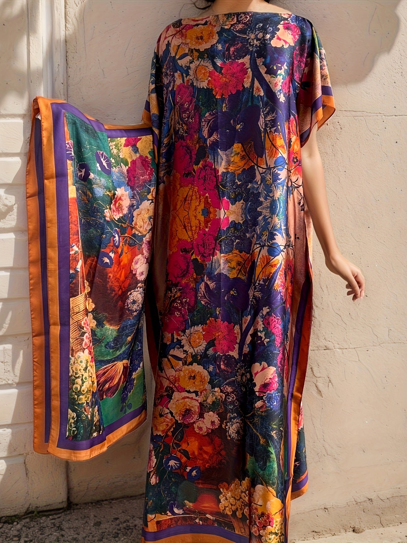 Women's Plus Size Floral Print Batwing Sleeve Maxi Dress Polyester Casual Party Wear