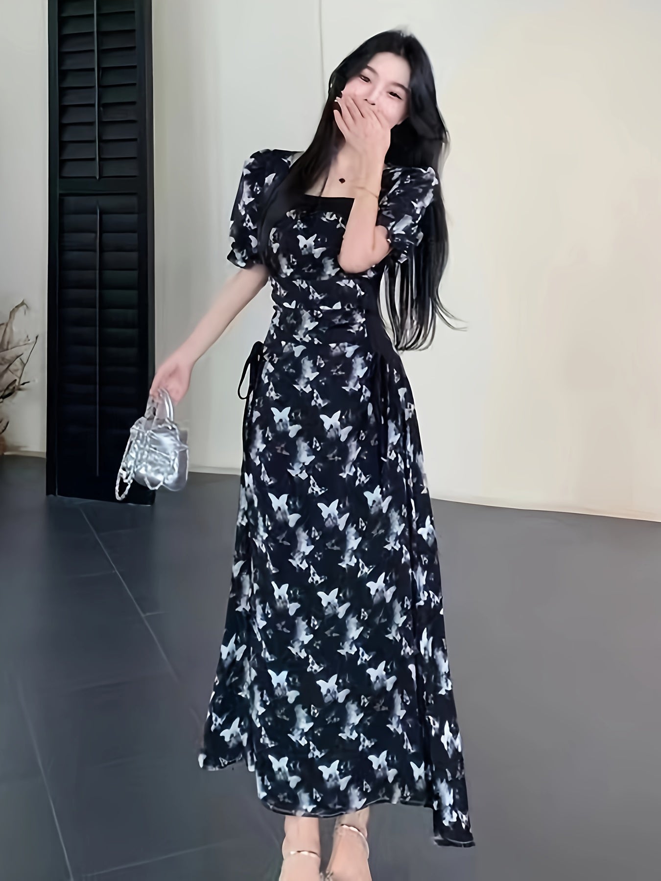 Платье A-line с квадратным вырезом и принтом бабочек, короткий рукав, длина до щиколотки, идеально подходит для весны и лета, женская одежда.