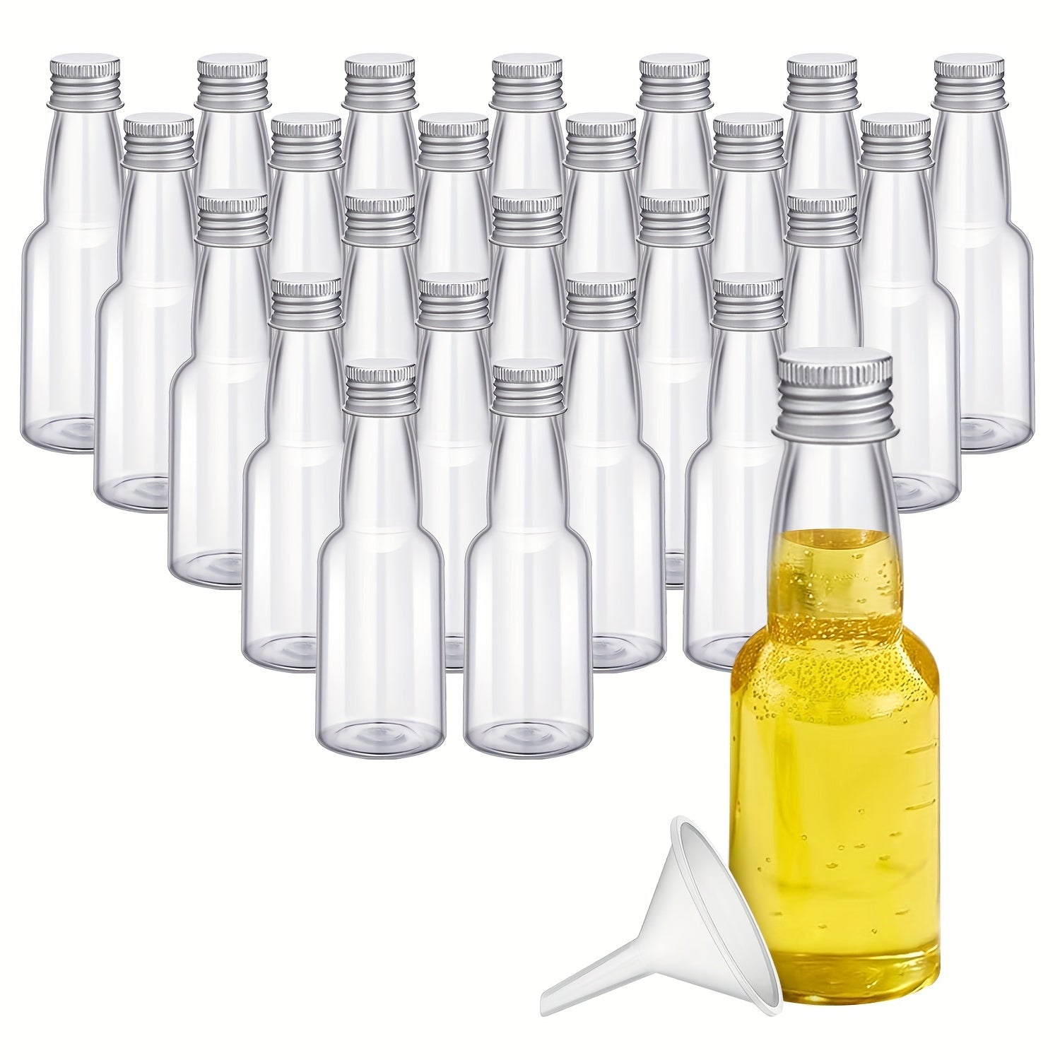 Set of 24 Reusable PET Plastic Juice Bottles 60ml 100ml 150ml with Lids and Funnel