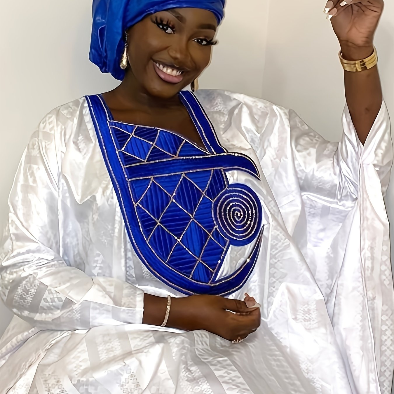 Women's Blue And White Long Bazin Riche Gown For Weddings