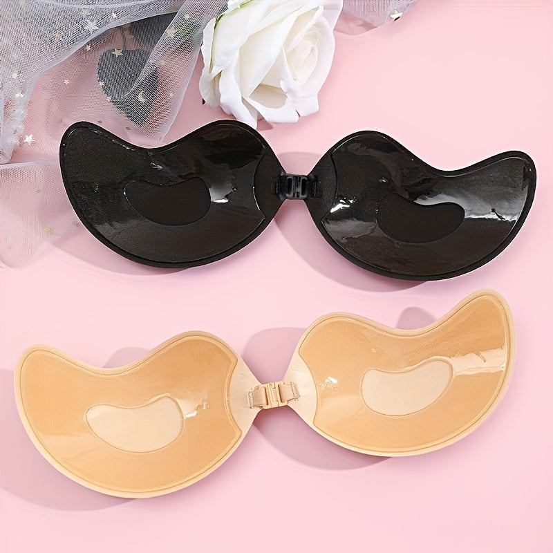 Women's Reusable Strapless Adhesive Bra Backless Stick-On Silicone Polyester Semi-Transparent Black Beige