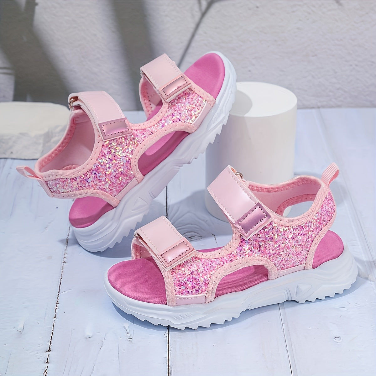 Girls Pink Glitter Sandals Lightweight Breathable EVA Sole Adjustable Straps for Summer Casual Wear