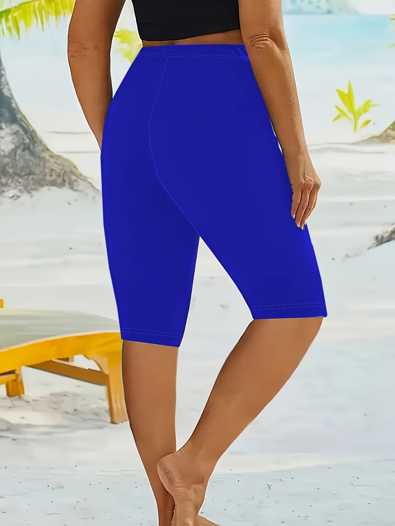 Women's Plus Size High-Waisted Stretch Athletic Shorts Solid Color Mid-Length Breathable