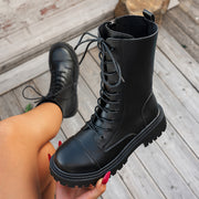 Women Chunky Platform Boots Leather Mid-Calf Non-Slip Sole All-Season