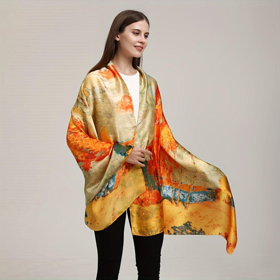 Women’s Satin Shawl with Retro Landscape Print Windproof Sun Protection Wrap