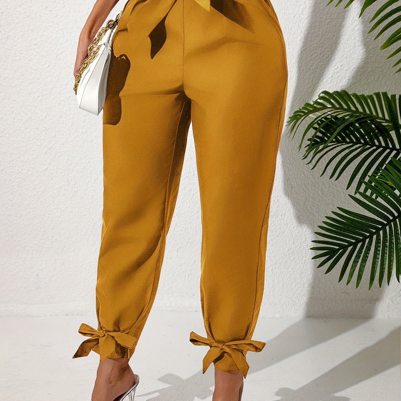 Pantalones anchos de talla grande para mujer con lazo en la parte delantera, color sólido, largo recto, verano, casual, con cintura elástica