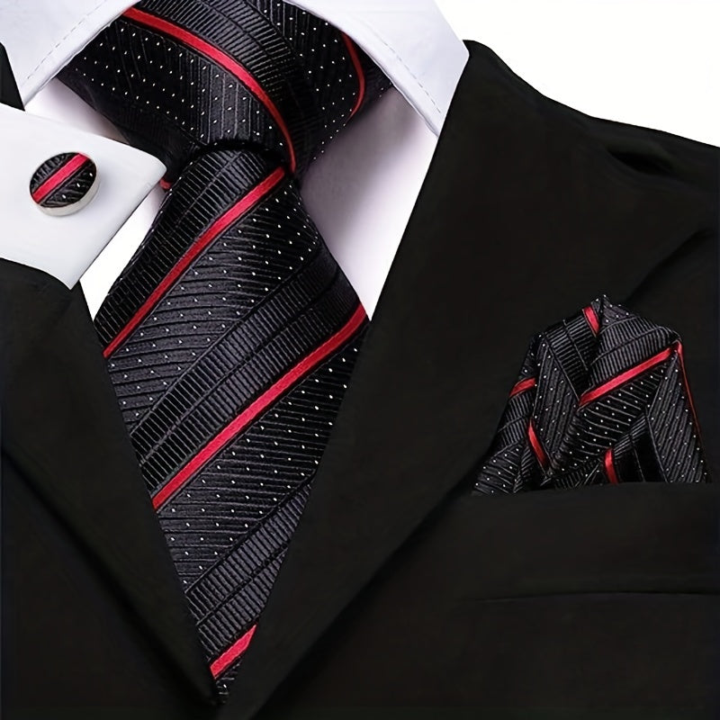 Men's Striped Necktie Cufflink Handkerchief Set for Business and Gifting