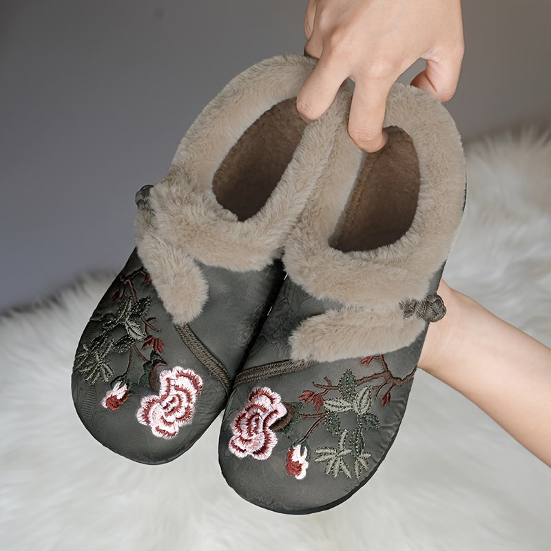 Women's Ethnic Embroidery Winter Boots Faux Fur Lined Non-Slip Sole Red Green