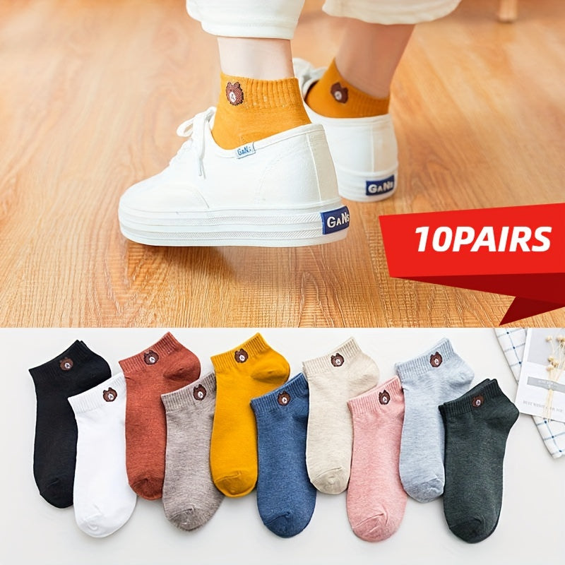 10 Pairs Women's Knit Ankle Socks with Cartoon Bear Design for Spring Autumn Outdoor Sports