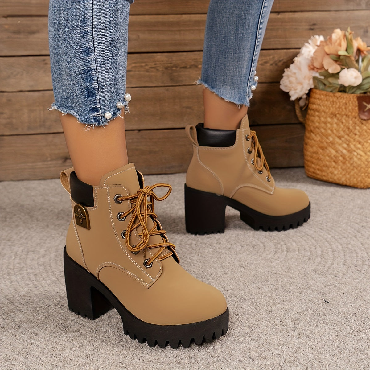 Women's Lace-Up Ankle Boots All-Season Round Toe Block Heel Solid Color
