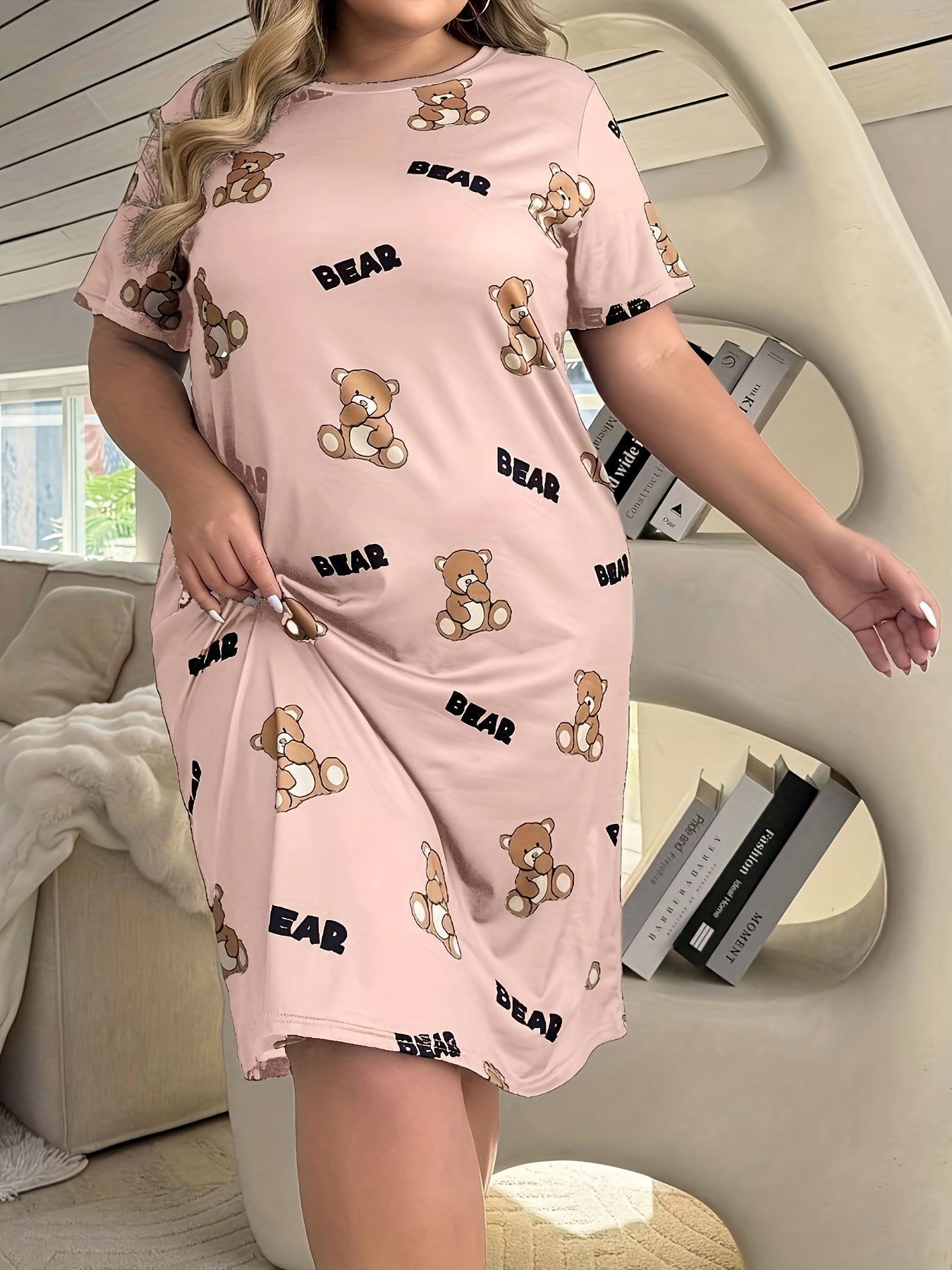Camisón de dormir con estampado geométrico retro para mujer de tallas grandes, vestido de descanso con mangas cortas
