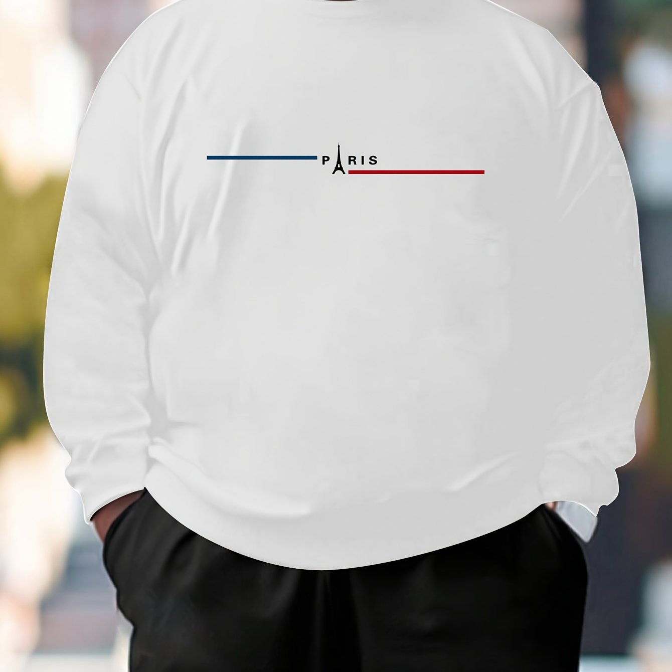 Camiseta de manga larga para hombre de talla grande con inspiración parisina y cuello redondo, con estampado de letras y tela elástica para primavera y otoño